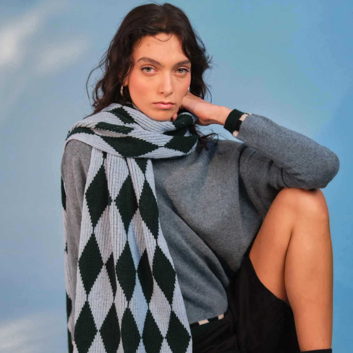 CALLAN Knitwear Diamonds Scarf in Tartan Green & Pale Blue, £110