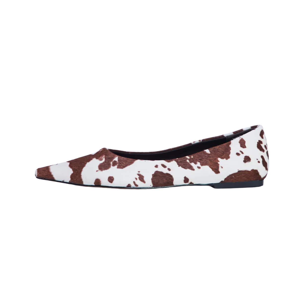 Topshop Ace point toe flat shoes in cow print hair in real leather, €49.99