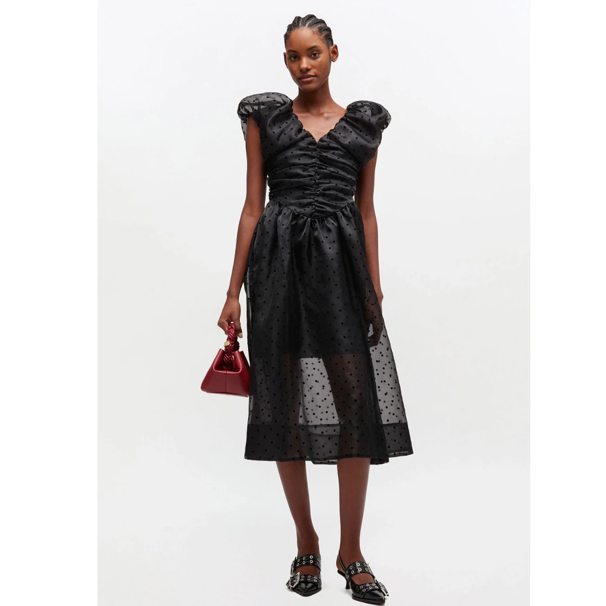 Ganni Black Organza Ruched Dress, €445