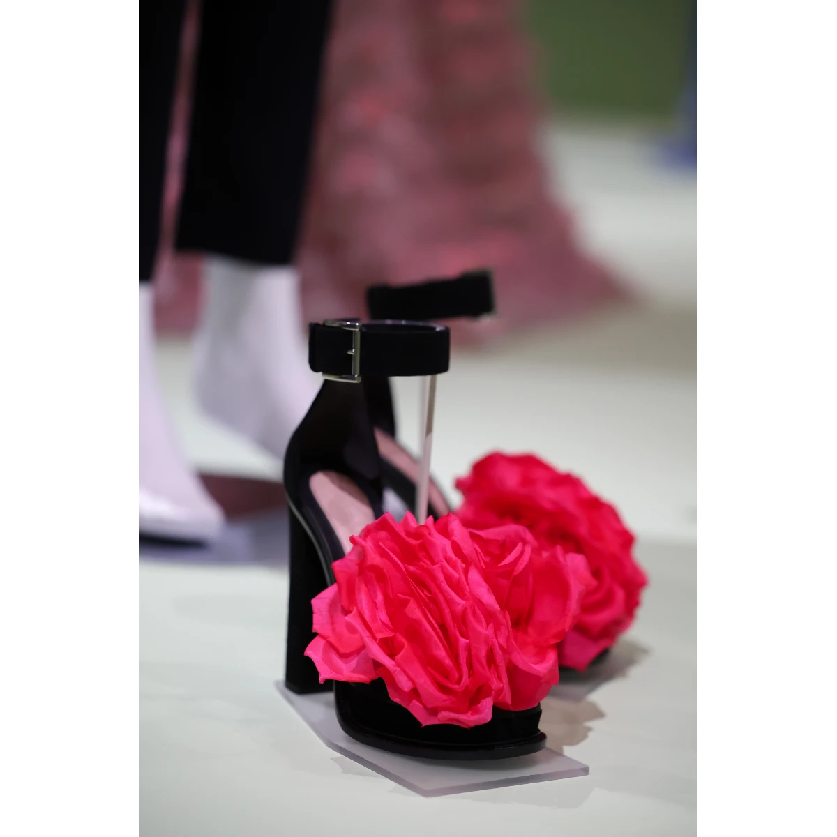 Sarah Burton rose platform heels, part of a tribute outfit by Burton to one of Alexander McQueen's most iconic rose-inspired designs.