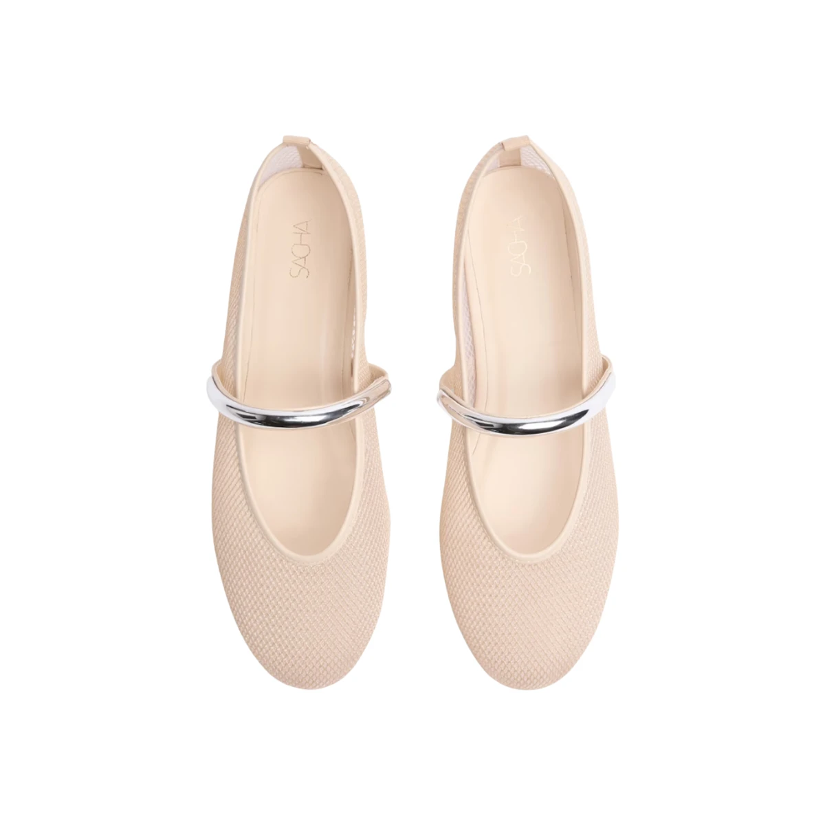 SACHA Mesh Metallic Strap Ballet Flats in Cream, €23