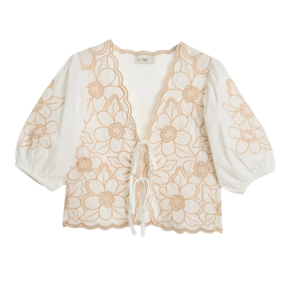 F&F Pure Cotton Floral Embroidered Tie Front Blouse in Multi White