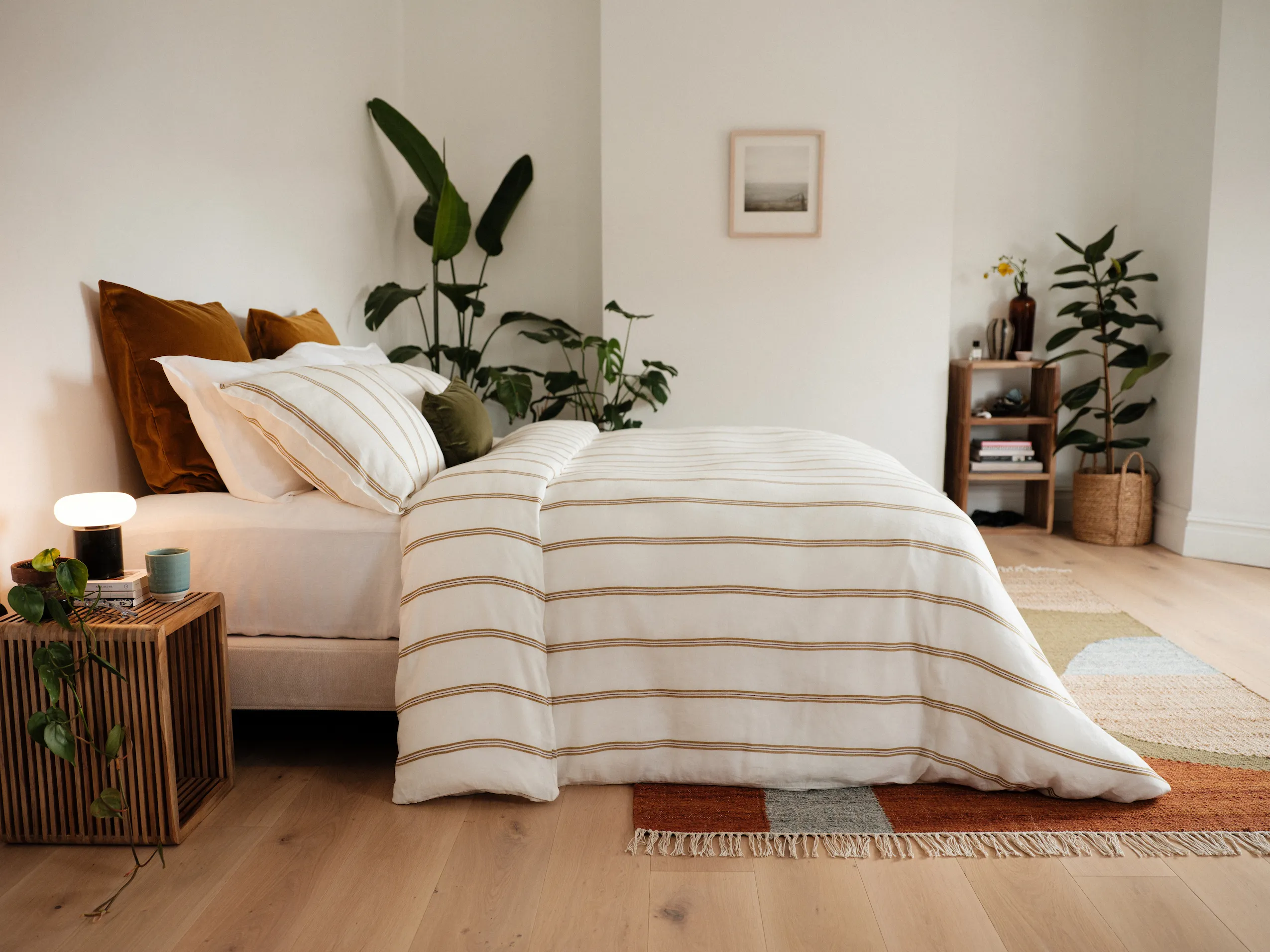 Ochre Stripe duvet set, from €129, Foxford